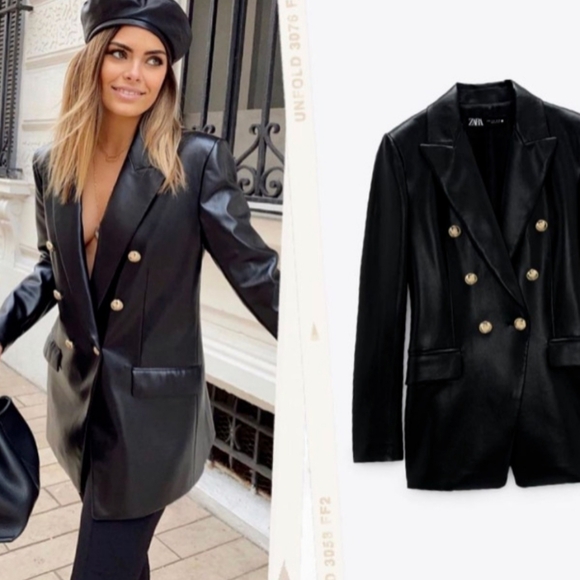 Zara Faux Leather Double Breasted Blazer - Picture 9 of 16